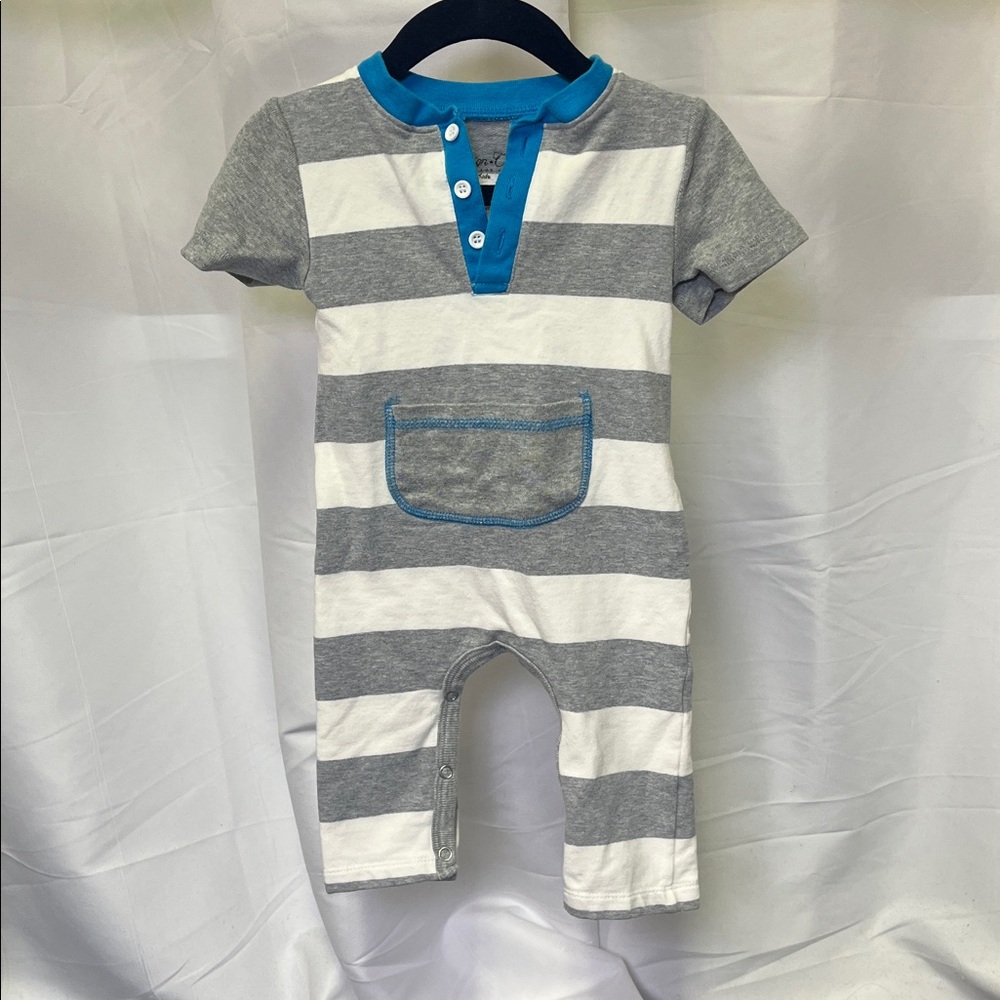Sovereign Code Baby Romper - Gray, white and blue striped - size 6m